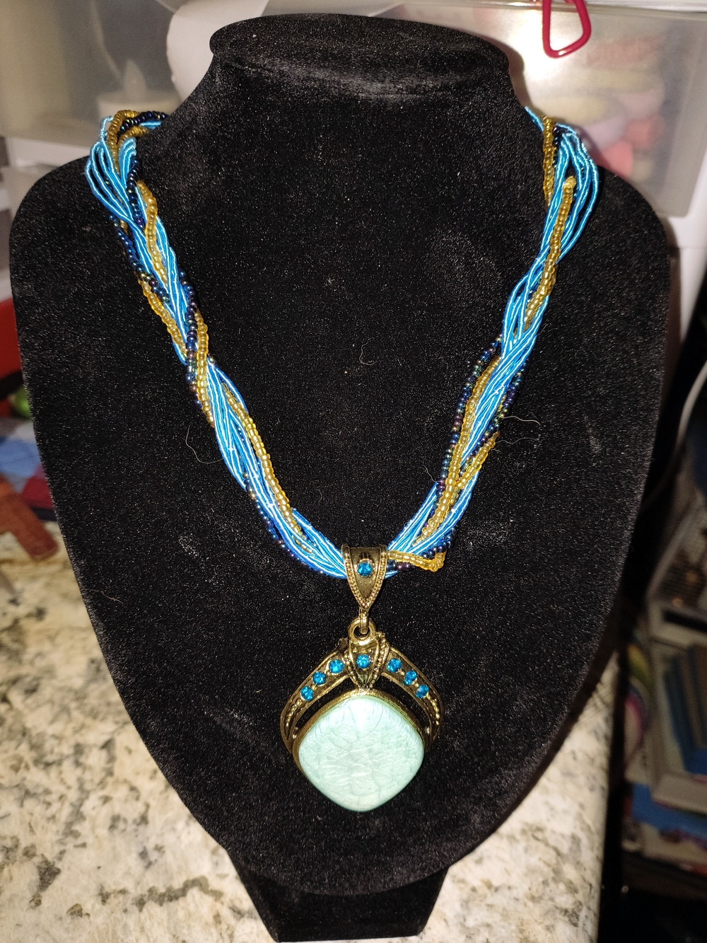 Blue and Gold Beaded Pendant Necklace with Turquoise Stone